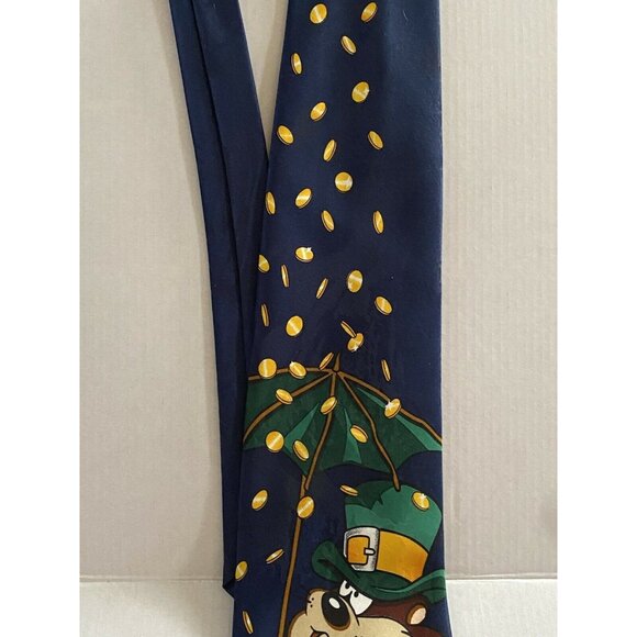 Looney Tunes Taz Tie  Shamrock Shorts  Coins Navy Blue Polyester Novelty Necktie - Picture 2 of 6